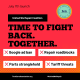 Red and black graphic with bold text: 'United We Repair Coalition – Time to Fight Back. Together.' Four labeled boxes with red Xs read: 'Google ad ban,' 'Repair roadblocks,' 'Parts stranglehold,' and 'Tariff threats.' Launch date July 7th is noted at the top. Tech Care Association logo is in the corner, with TechCareAssociation.org and #UnitedWeRepair at the bottom.