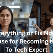 Two women at a repair shop, one holding up her hand and another pointing to a “We Fix Everything” sign, symbolizing the choice between specializing or becoming the go-to expert in tech repair.