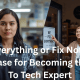 Two women at a repair shop, one holding up her hand and another pointing to a “We Fix Everything” sign, symbolizing the choice between specializing or becoming the go-to expert in tech repair.