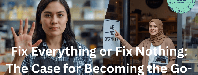 Two women at a repair shop, one holding up her hand and another pointing to a “We Fix Everything” sign, symbolizing the choice between specializing or becoming the go-to expert in tech repair.
