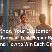 Smiling repair shop employee talking with a customer, representing the importance of understanding different types of tech repair buyers.