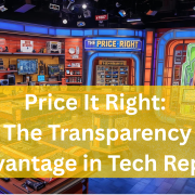 Game show–style set with “The Price Right” and “Guess the Repair Price” signs, symbolizing the importance of transparent pricing in tech repair services.