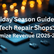 Holiday season tech repair shop workspace with smartphones, tools, and festive lights — promoting a 2025–2026 guide to help repair businesses maximize holiday revenue.