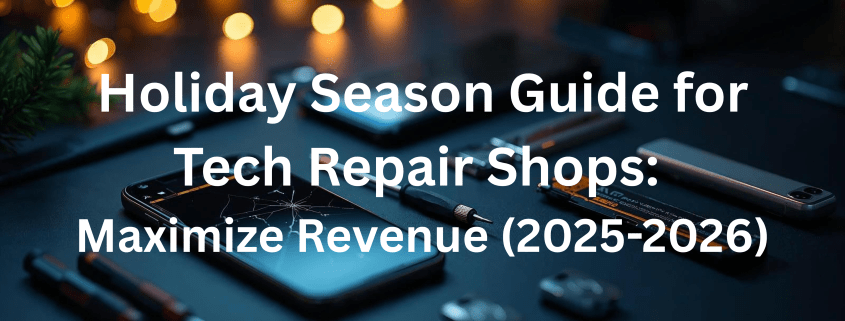Holiday season tech repair shop workspace with smartphones, tools, and festive lights — promoting a 2025–2026 guide to help repair businesses maximize holiday revenue.