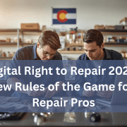 Two electronics repair technicians working on devices in a repair shop, representing new 2026 digital right to repair rules affecting tech repair professionals.