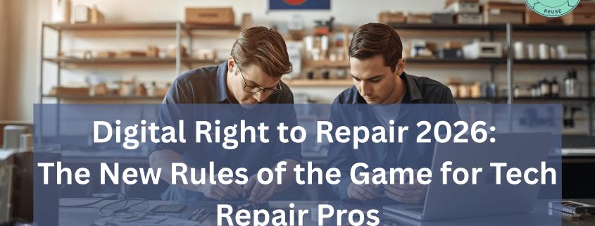 Two electronics repair technicians working on devices in a repair shop, representing new 2026 digital right to repair rules affecting tech repair professionals.