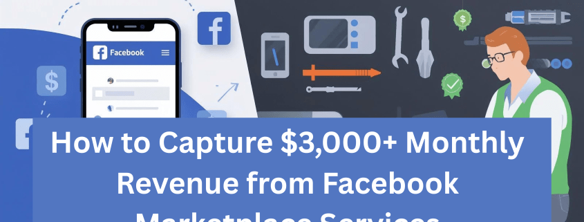 Digital illustration showing a Facebook Marketplace interface, repair tools, and a professional technician — representing how repair shops and service providers can generate $3,000+ monthly revenue using Facebook Marketplace.