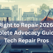 Technician workspace with open devices and tools, representing Right to Repair 2026 advocacy efforts and policy preparation for tech repair professionals.