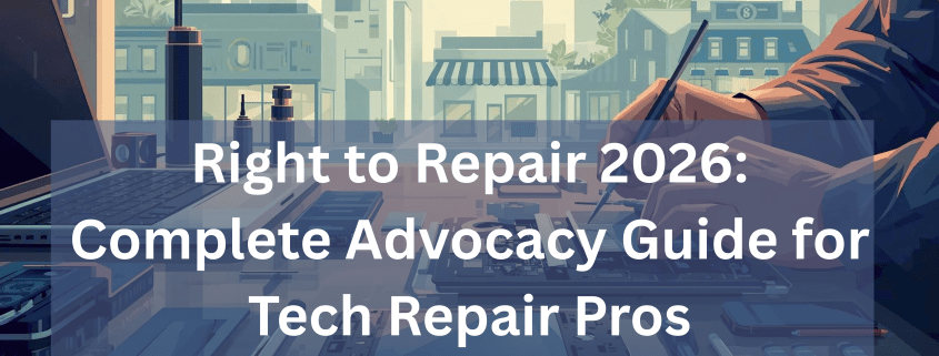 Technician workspace with open devices and tools, representing Right to Repair 2026 advocacy efforts and policy preparation for tech repair professionals.