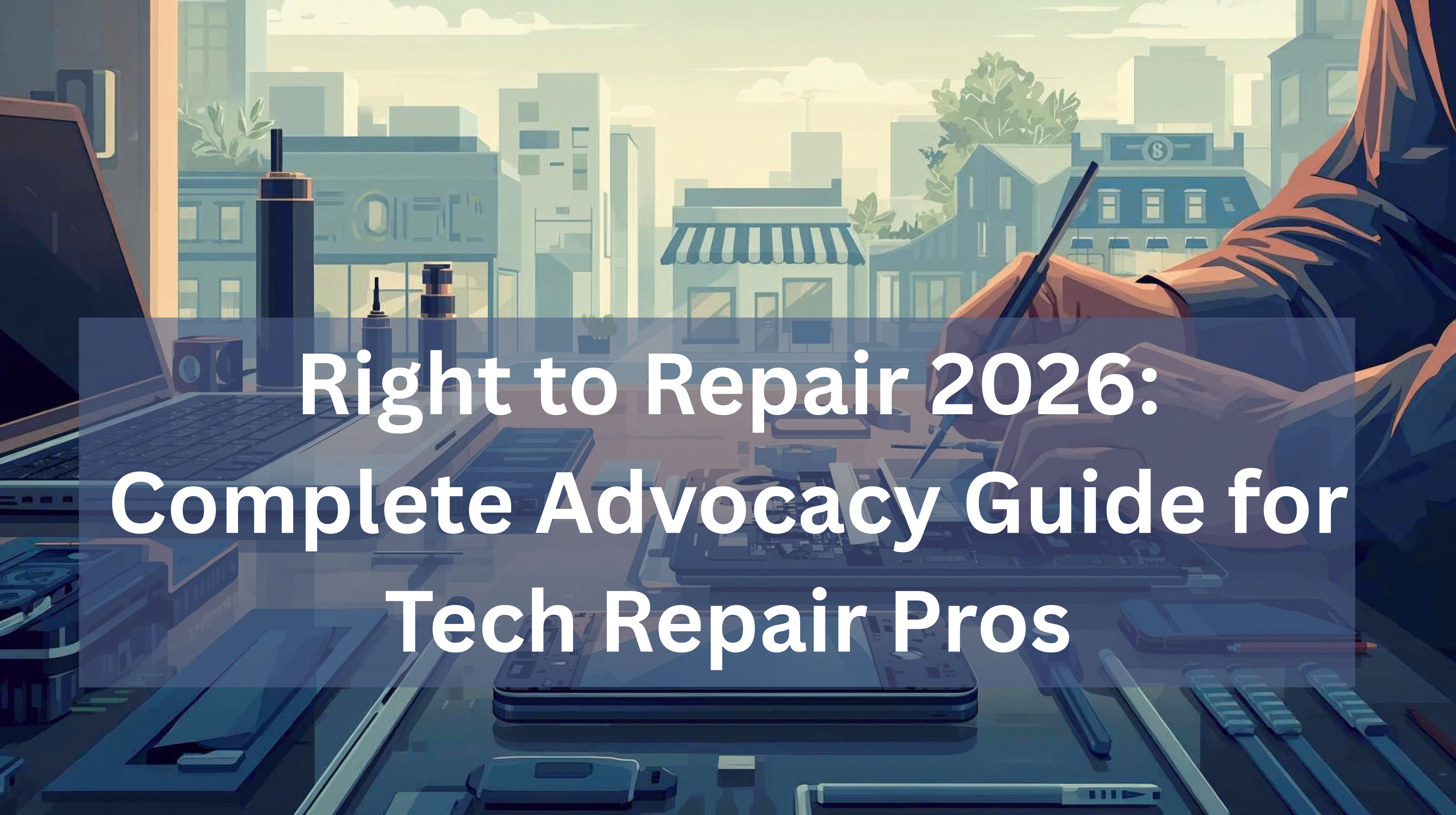 Technician workspace with open devices and tools, representing Right to Repair 2026 advocacy efforts and policy preparation for tech repair professionals.
