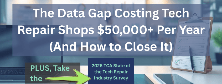 A data visualization titled “The Data Gap Costing Tech Repair Shops” showing how missing performance and customer data hurts independent repair businesses through lost revenue, inefficiencies, and missed growth opportunities in the tech repair industry.
