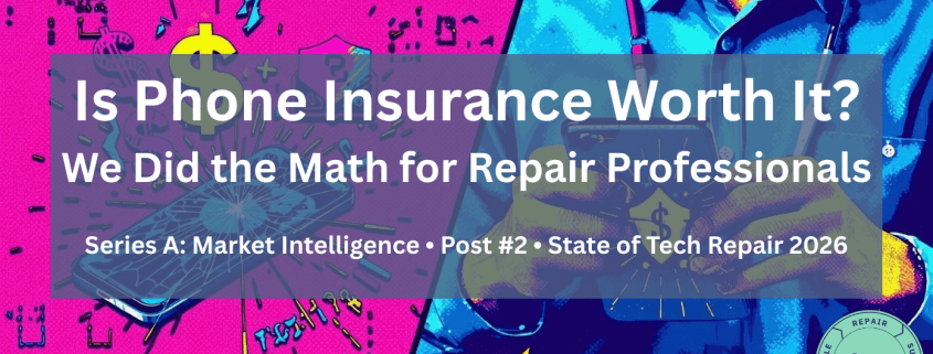 Colorful split-screen illustration showing a cracked smartphone with repair cost symbols on one side and a technician holding a phone with dollar and insurance-style icons on the other, representing the cost comparison of phone insurance versus device repair.