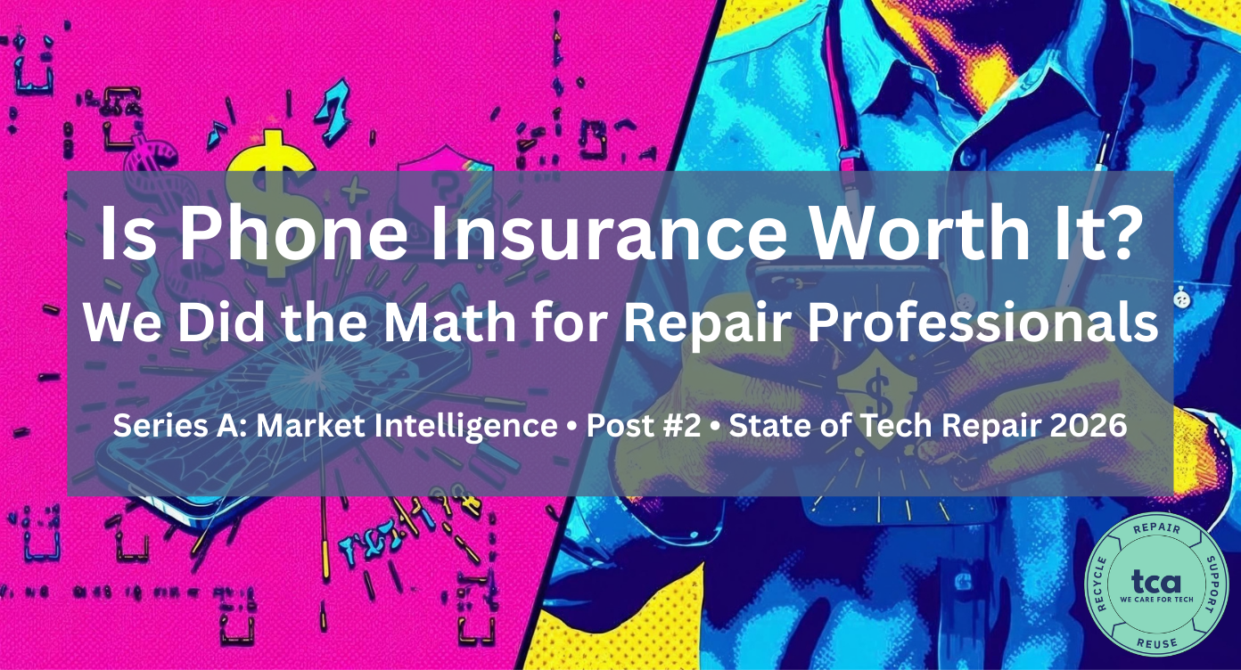 Colorful split-screen illustration showing a cracked smartphone with repair cost symbols on one side and a technician holding a phone with dollar and insurance-style icons on the other, representing the cost comparison of phone insurance versus device repair.