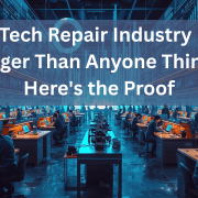Large high-tech electronics repair lab with dozens of technicians working on laptops, phones, and circuit boards, with data dashboards and analytics visuals in the background, illustrating the massive scale of the tech repair industry.