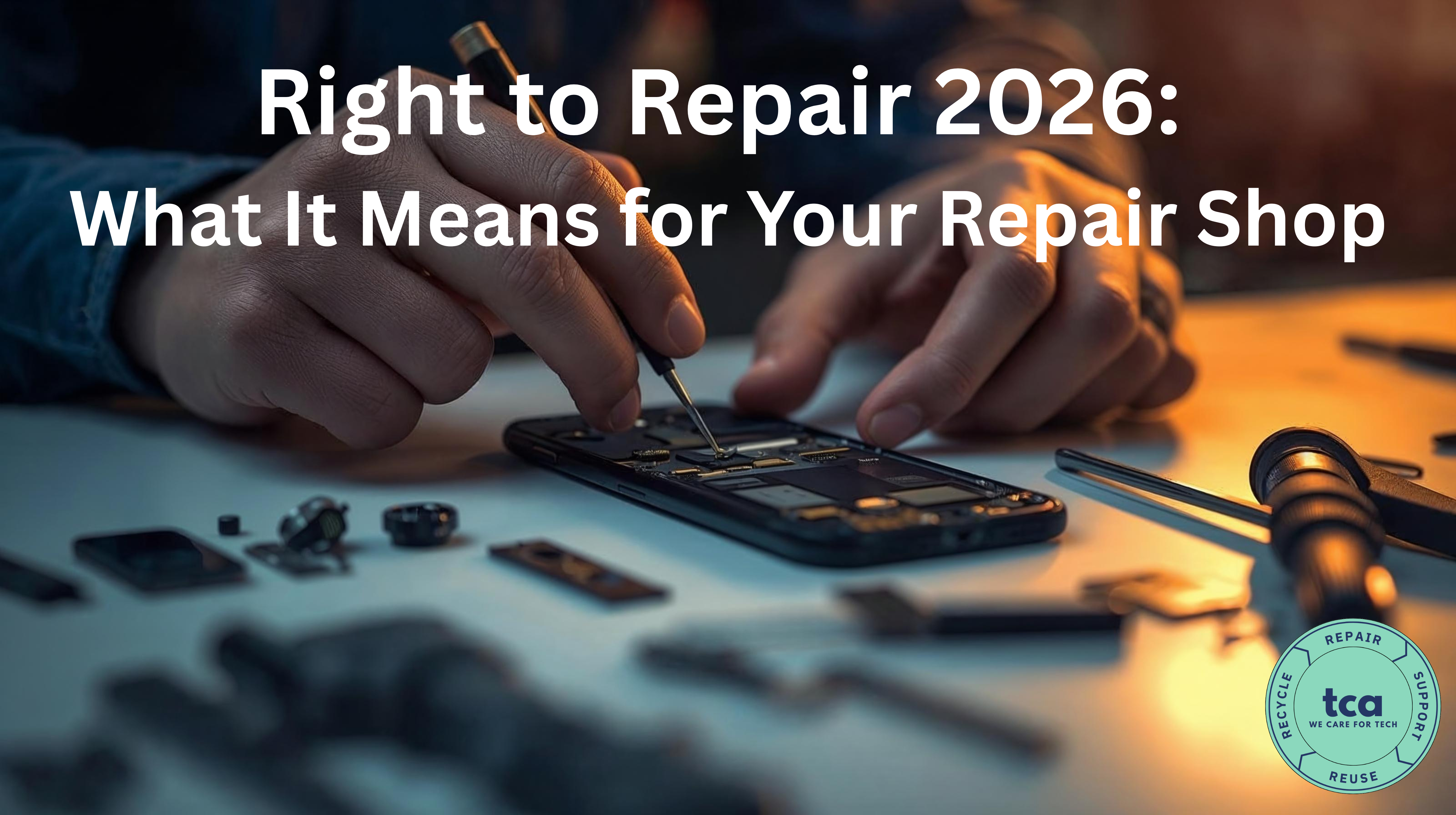 Technician using a precision screwdriver to repair a smartphone on a workbench surrounded by small electronic components and repair tools, with the headline “Right to Repair 2026: What It Means for Your Repair Shop” displayed above and a Tech Care Association (TCA) circular logo in the corner.