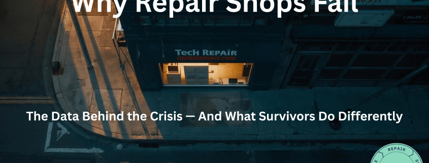 Independent tech repair shop storefront at night with warm interior light, representing repair shop business challenges and survival data