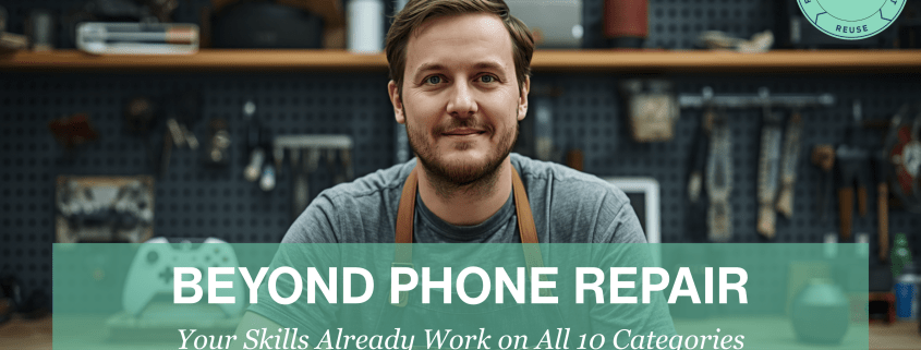 Tech repair professional working in a workshop surrounded by tools and devices, representing expanding repair skills beyond smartphones into multiple electronics categories.