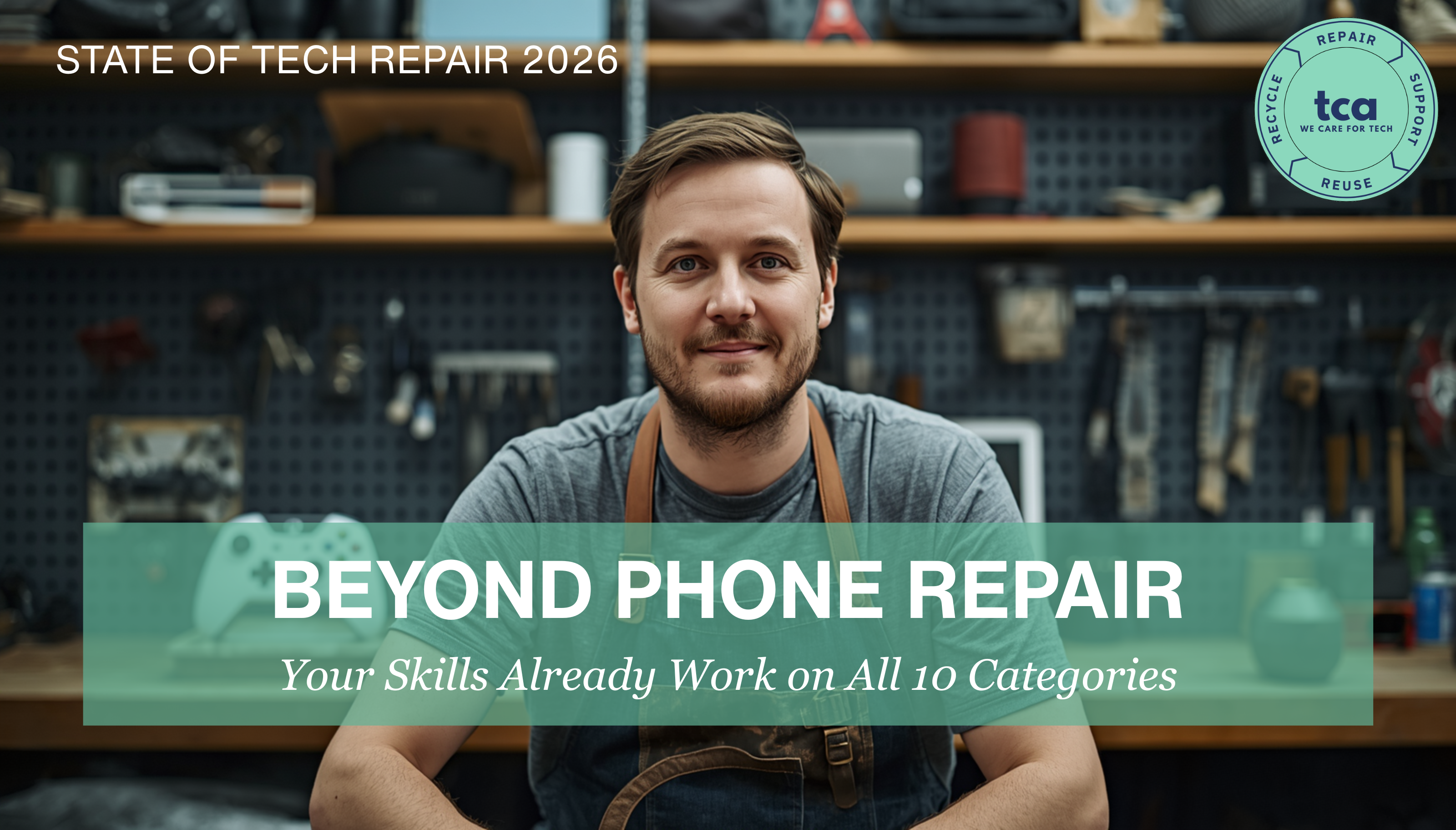 Tech repair professional working in a workshop surrounded by tools and devices, representing expanding repair skills beyond smartphones into multiple electronics categories.