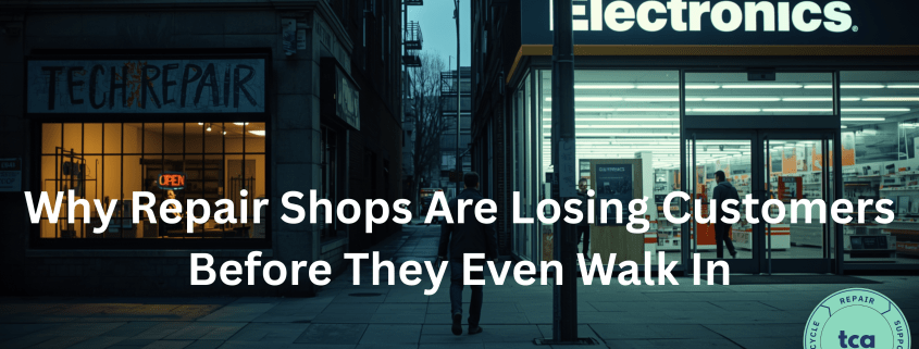 A consumer walks down a city street toward a brightly lit electronics retailer while a small independent tech repair shop sits dimly lit nearby. The image highlights the growing challenge repair businesses face competing with the convenience, visibility, and accessibility of replacement electronics in 2026.