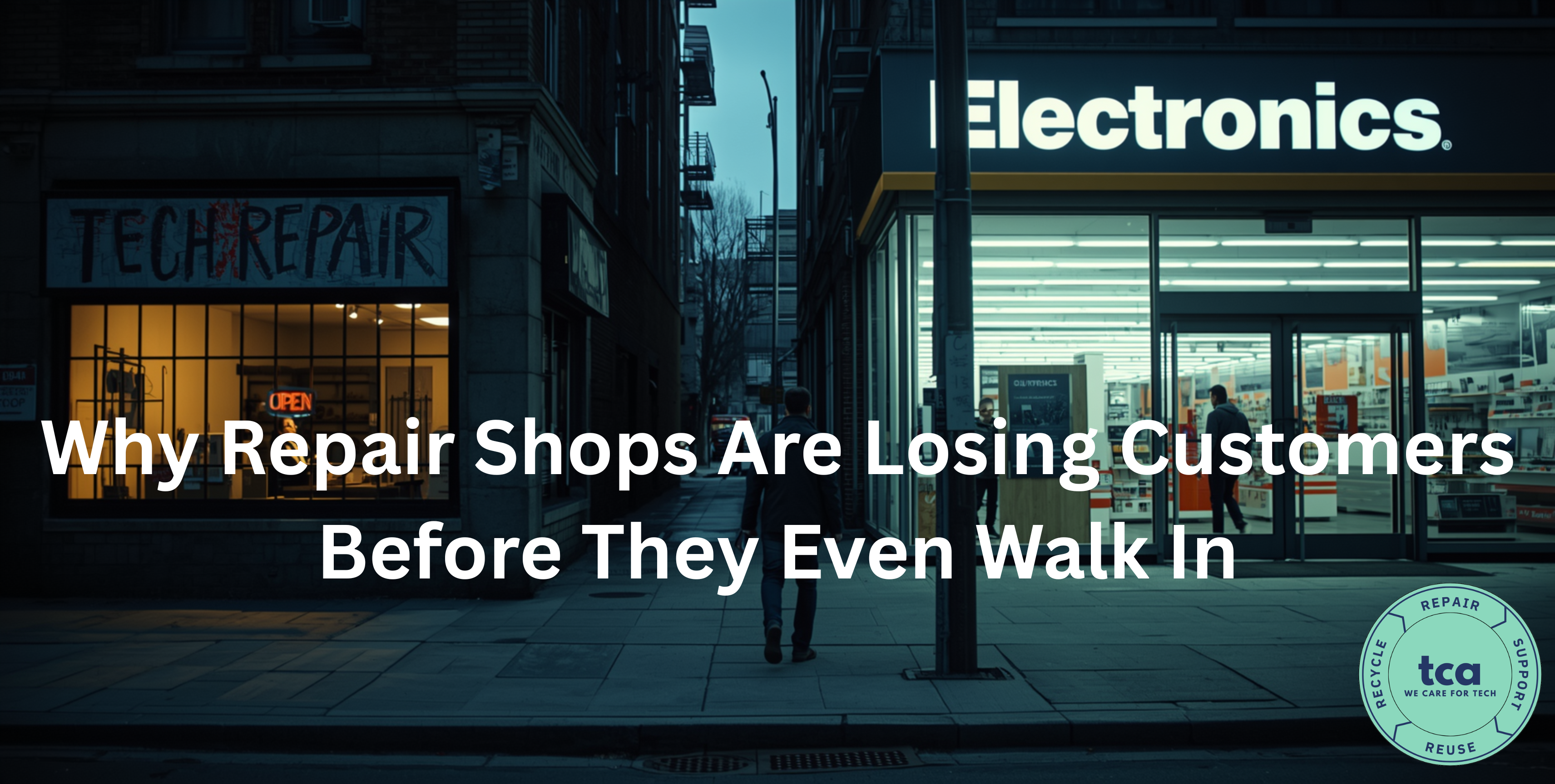 A consumer walks down a city street toward a brightly lit electronics retailer while a small independent tech repair shop sits dimly lit nearby. The image highlights the growing challenge repair businesses face competing with the convenience, visibility, and accessibility of replacement electronics in 2026.