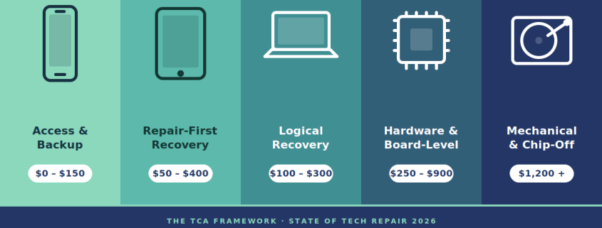 Infographic showing a five-tier data recovery model ranging from basic access and backup services to advanced chip-off recovery, with pricing estimates and increasing technical complexity for smartphones, tablets, laptops, storage devices, and damaged media.