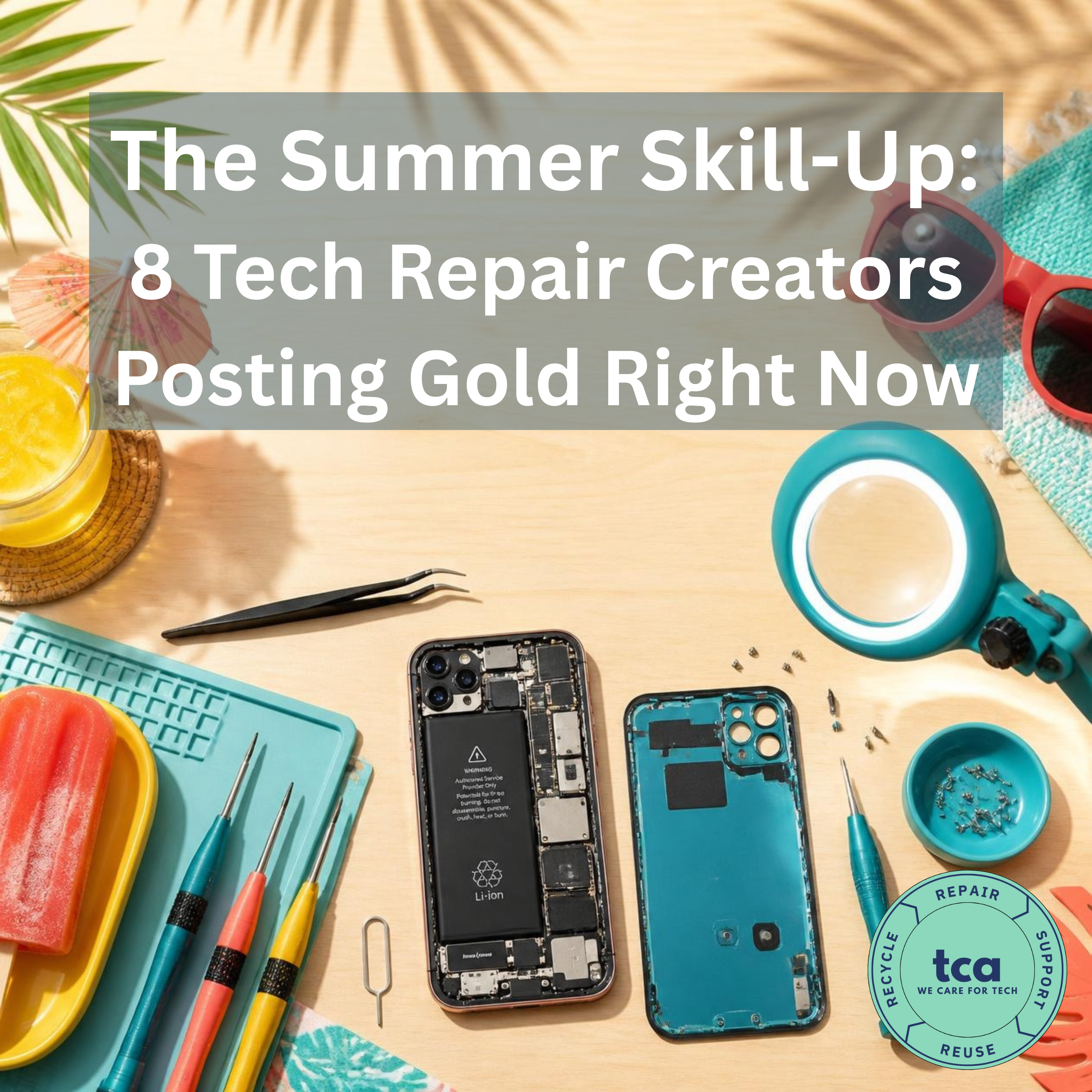 Summer-themed flat lay of an opened smartphone being repaired with precision tools, tweezers, repair mat, magnifying lamp, and small screws on a workbench beside summer accessories. Text reads, "The Summer Skill-Up: 8 Tech Repair Creators Posting Gold Right Now." Tech Care Association (TCA) logo appears in the corner, promoting electronics repair education, Right to Repair, and professional repair skills.
